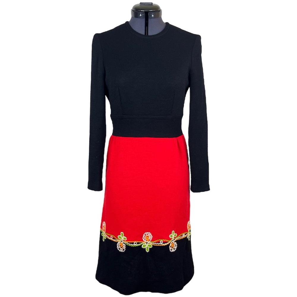 Vintage Embroidered 1950s 60s Wool Gothic Sweater Dress Black Mod XXS XS 00 0 2